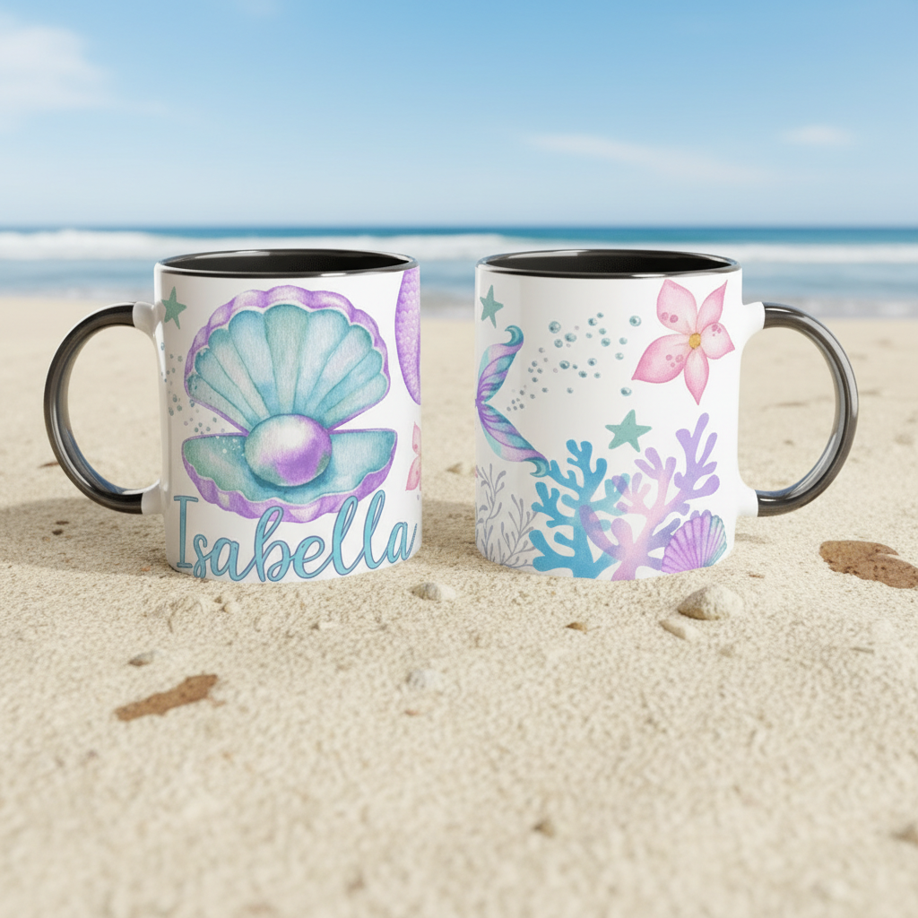 Détail du visuel coquillage perlé sur tasse personnalisée marine