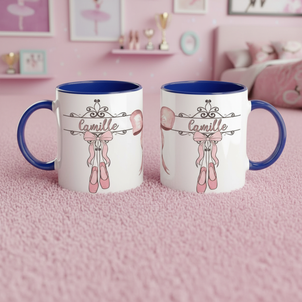 tasse danse classique avec anse colorée et illustration de chaussons de ballet vue de face