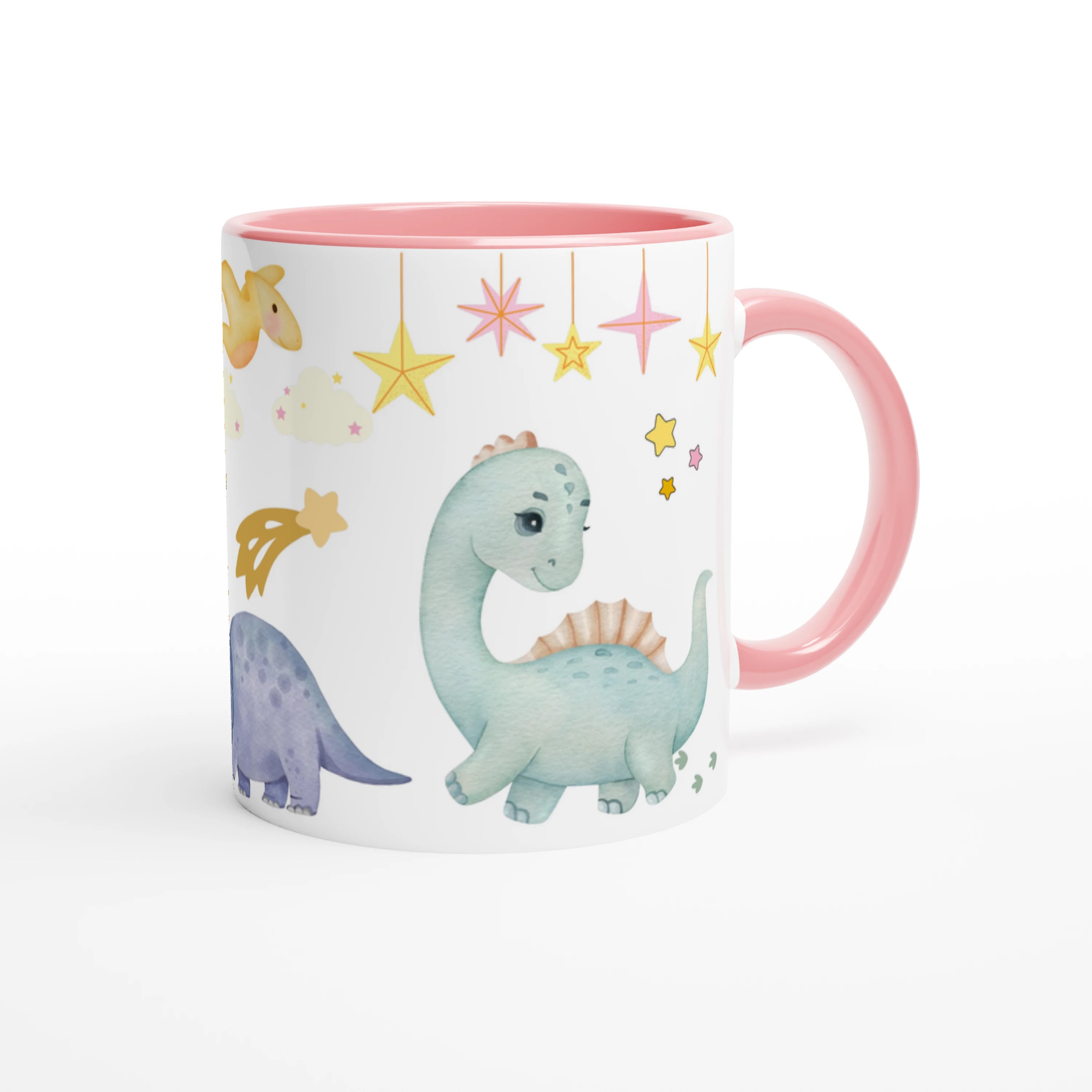 Tasse dinosaure avec ballons et prénom personnalisé, intérieur rose, parfait comme cadeau mignon pour enfant.

