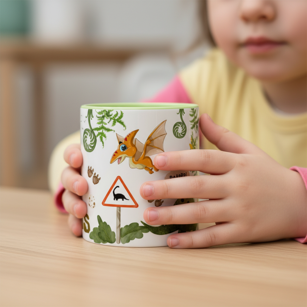Mug dinosaure pour enfant utilisé par un enfant, tasse personnalisable thème dinosaures pour cadeau enfant