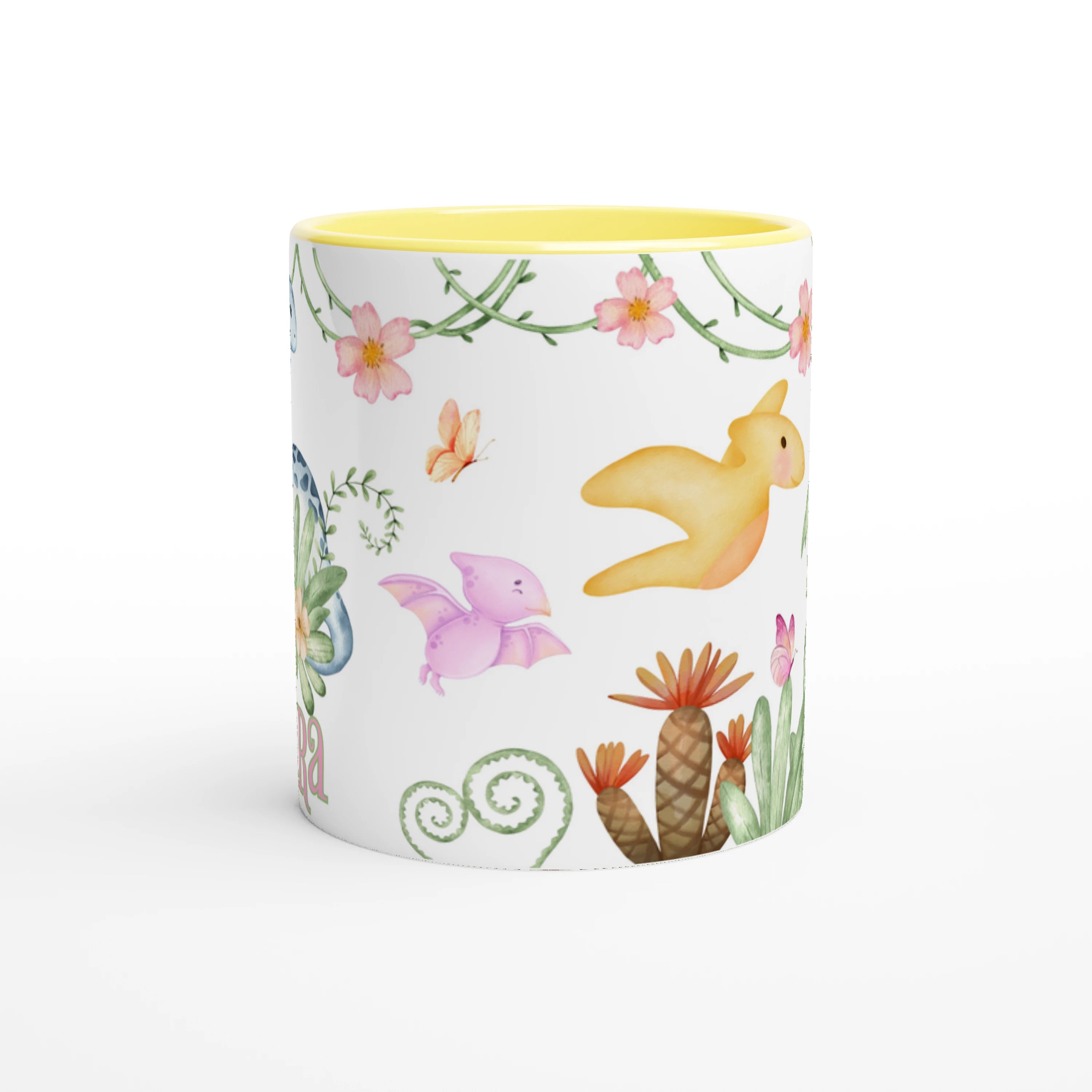 Mug dinosaure prénom floral personnalisé avec prénom, intérieur jaune, design doux et fleuri, parfait pour les enfants.