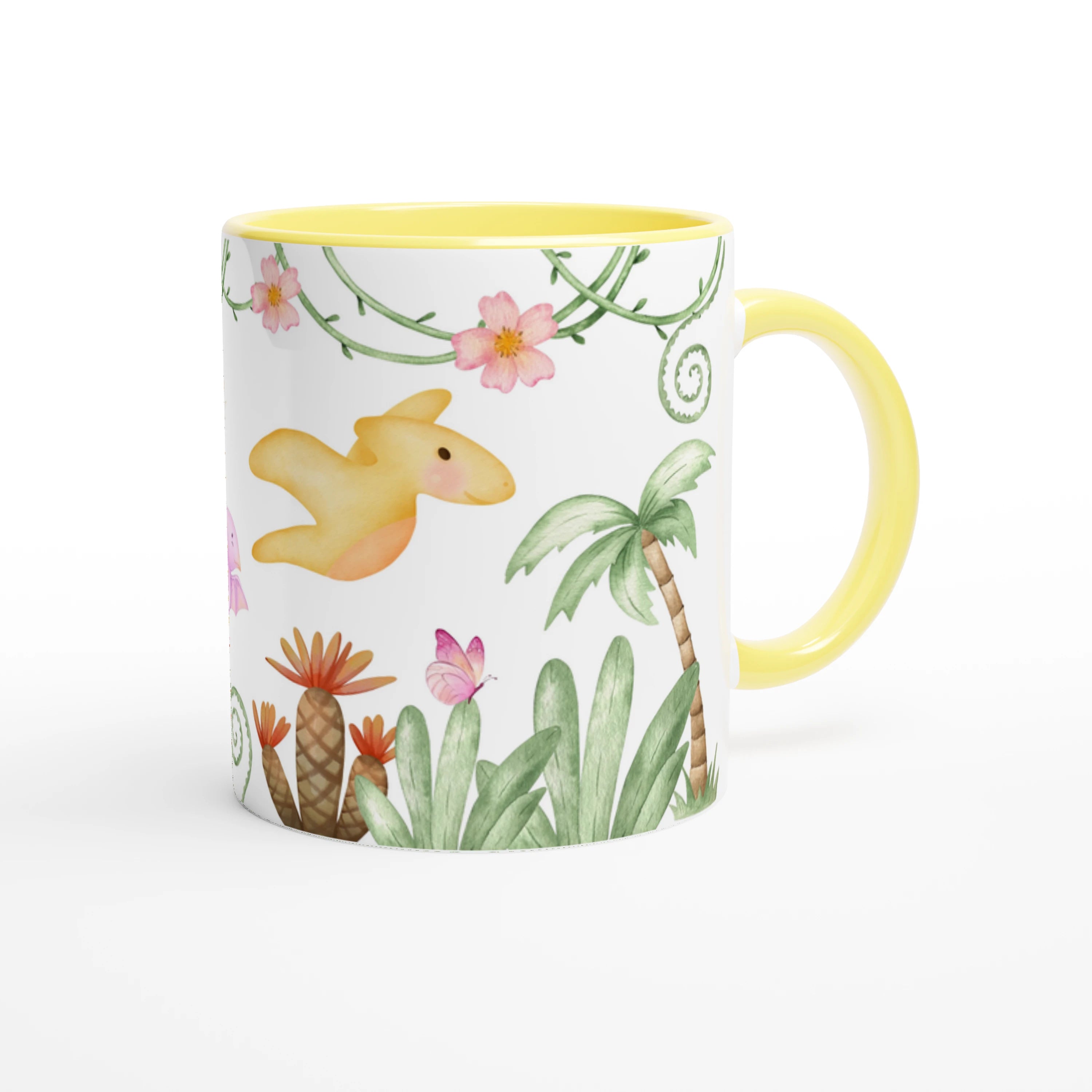 Tasse dinosaure floral personnalisé avec prénom, intérieur jaune, design doux et fleuri, parfait pour les enfants.