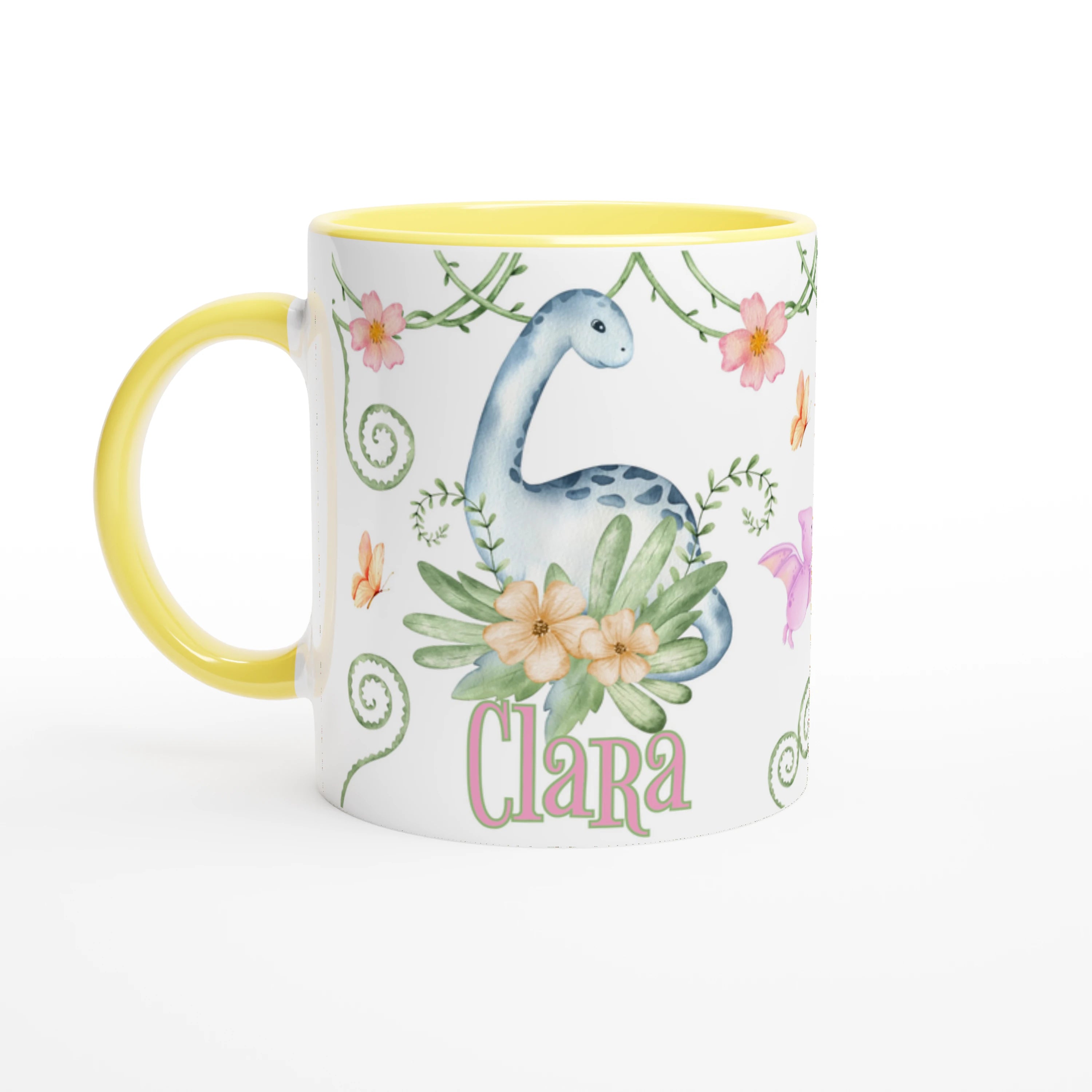 Tasse dinosaure floral personnalisé avec prénom, intérieur et anse jaune, design doux et fleuri, parfait pour les enfants.