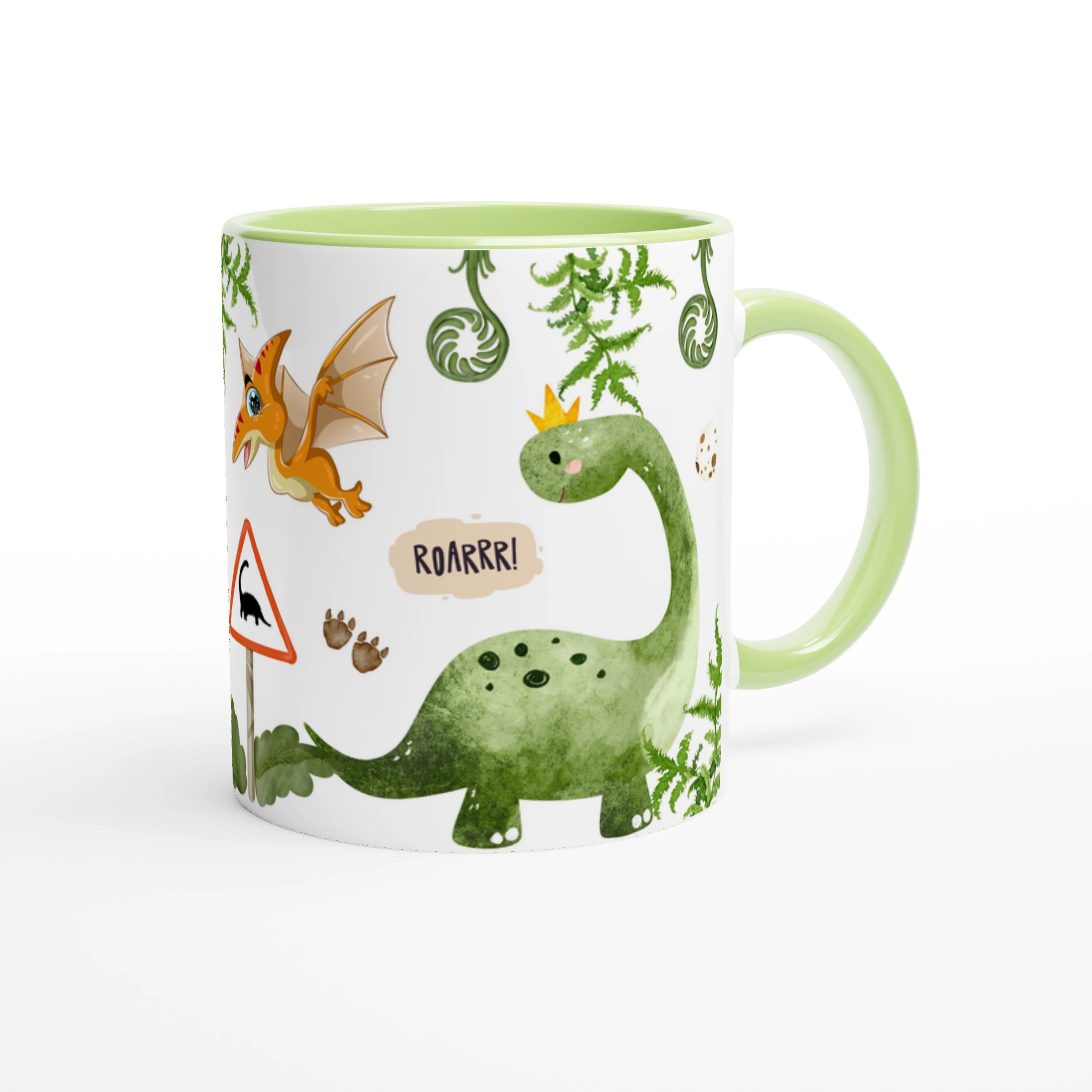 Tasse avec initiale, prénom et motif dinosaure, intérieur vert, parfait pour un enfant fan de dinosaures