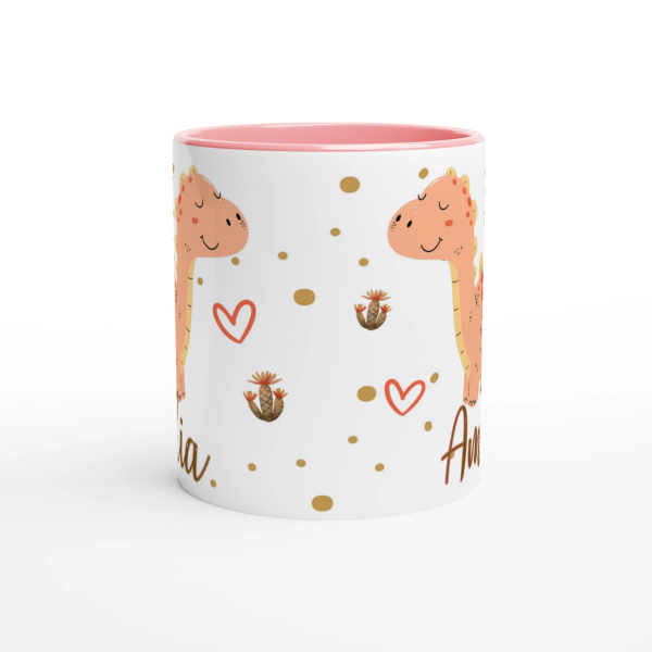 Tasse dinosaure et prénom, intérieur rose, un cadeau adorable pour les petits fans de dinosaures.