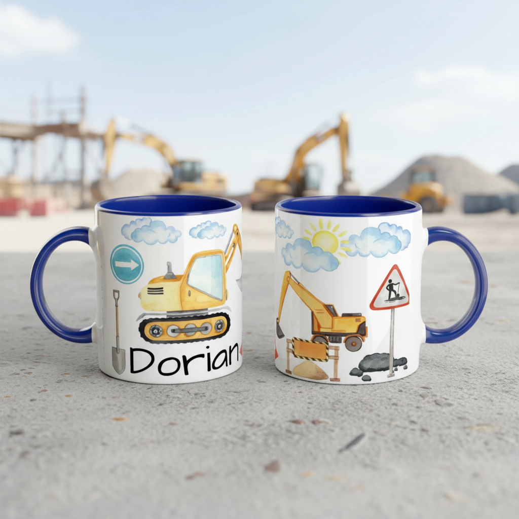 mug enfant pelleteuse et tracteur avec poignée bleue sur sol chantier