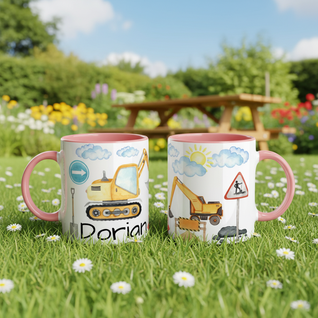 mug enfant illustré engins de chantier avec poignée rose dans jardin