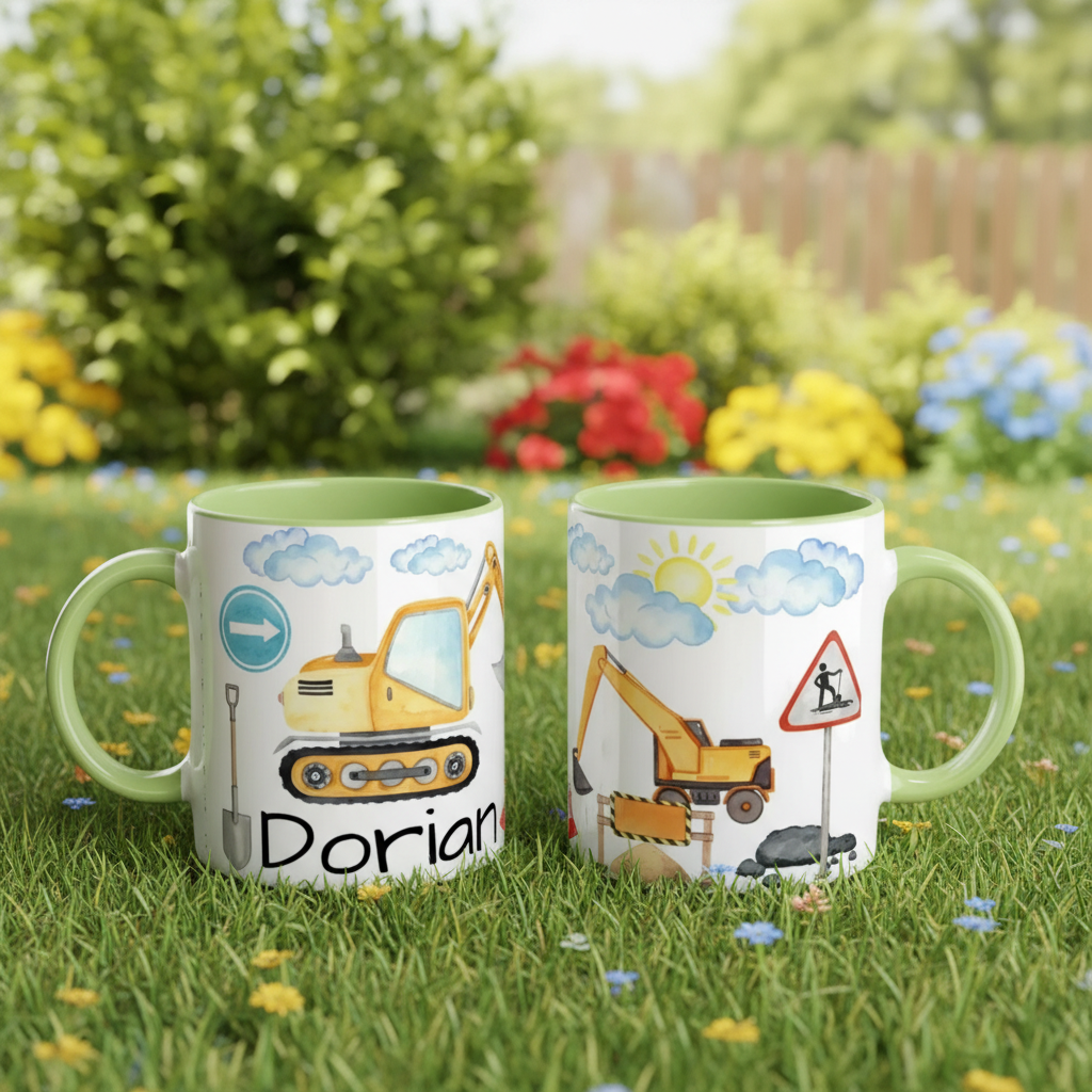 mug enfant engins de construction avec poignée verte en extérieur
