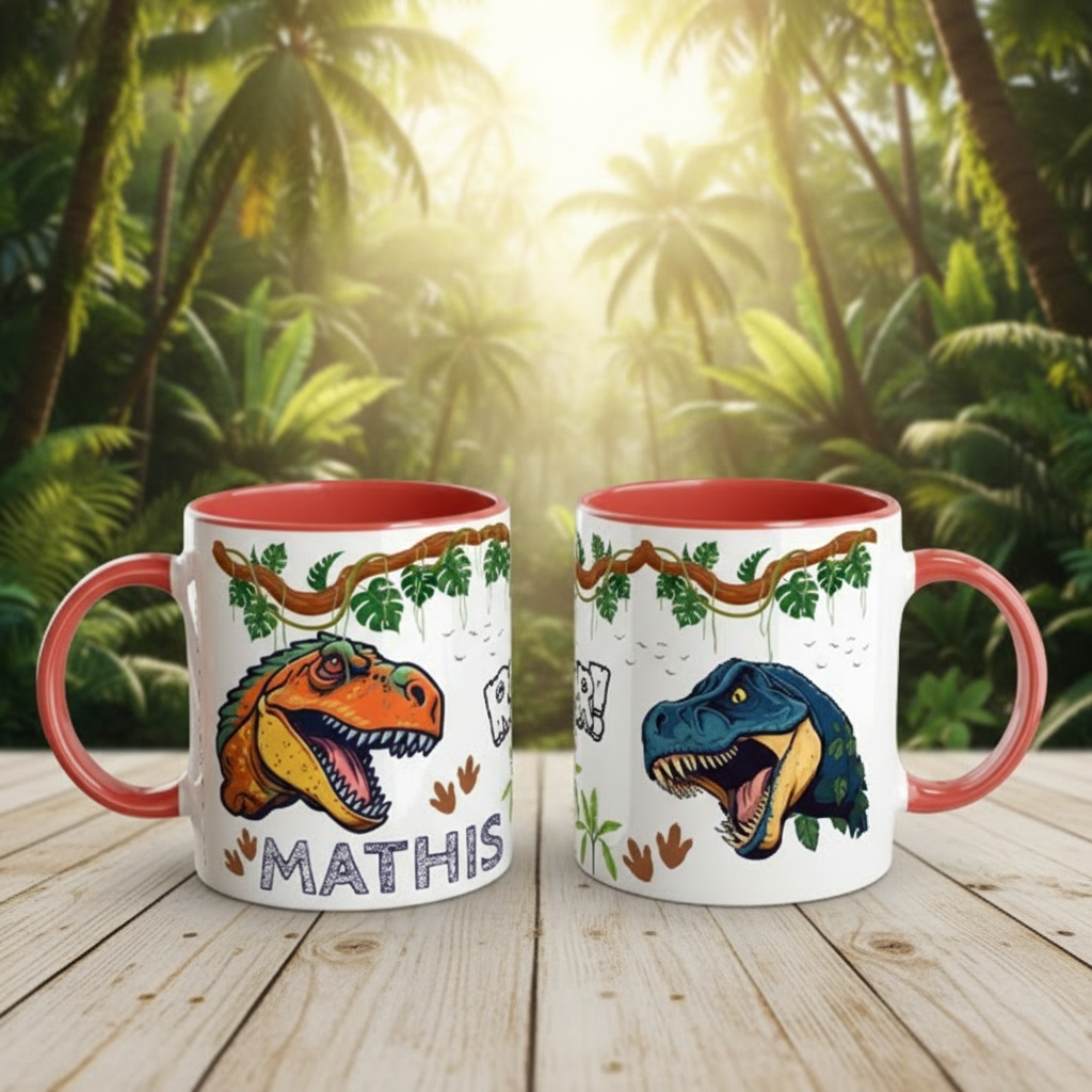 Tasse enfant personnalisée thème dinosaures avec design ludique adaptée au petit-déjeuner et goûter
