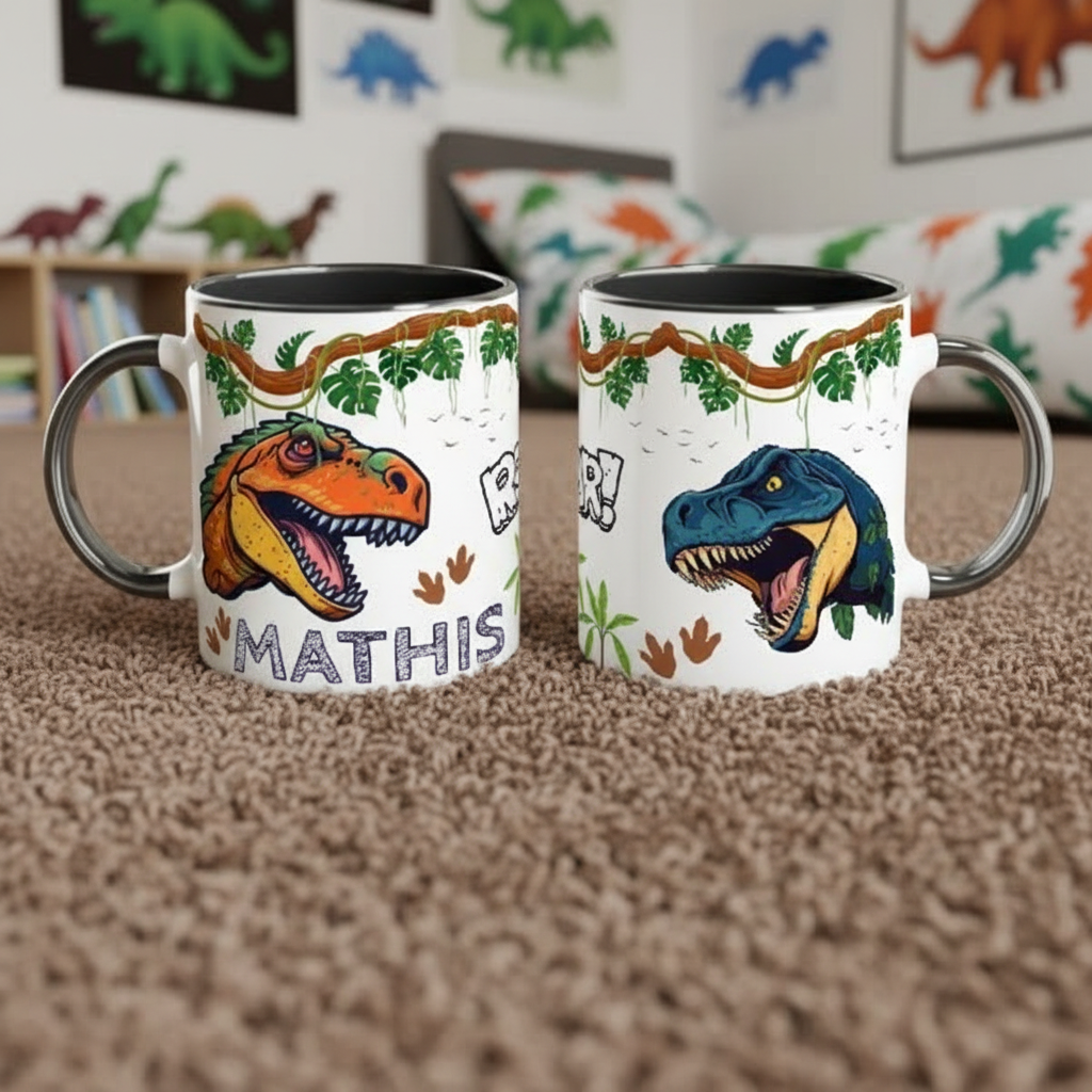 Mug enfant personnalisé dinosaure avec décor préhistorique, idée cadeau enfant originale et utile