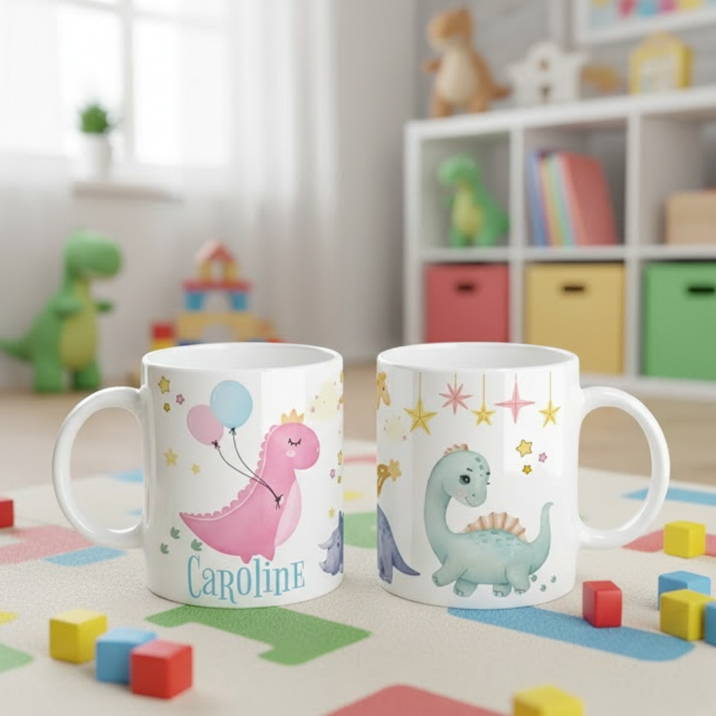 Mug enfant dinosaure illustré tenu par un enfant à l’intérieur