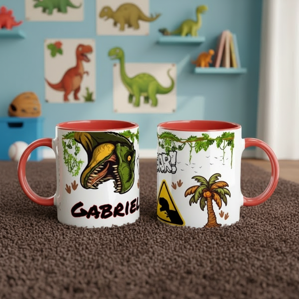 Tasse enfant dinosaure avec illustration préhistorique et décor mural dinosaures en arrière-plan