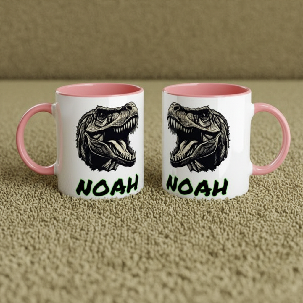 mug enfant dinosaure T-Rex illustration colorée avec poignée rose dans une chambre enfant