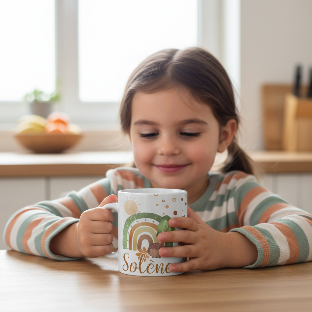 Tasse personnalisée enfant avec prénom et arc-en-ciel doux