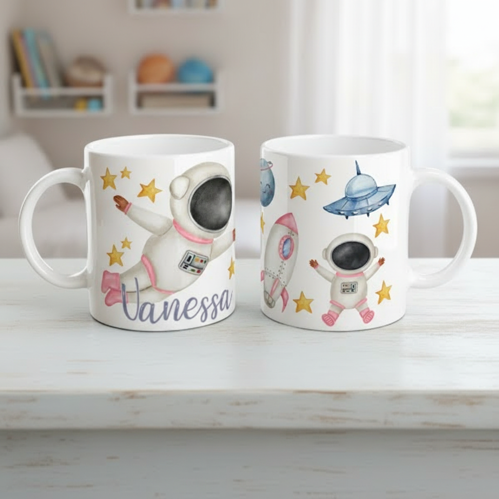 Tasse enfant personnalisée en céramique avec motifs espace, astronaute et planètes