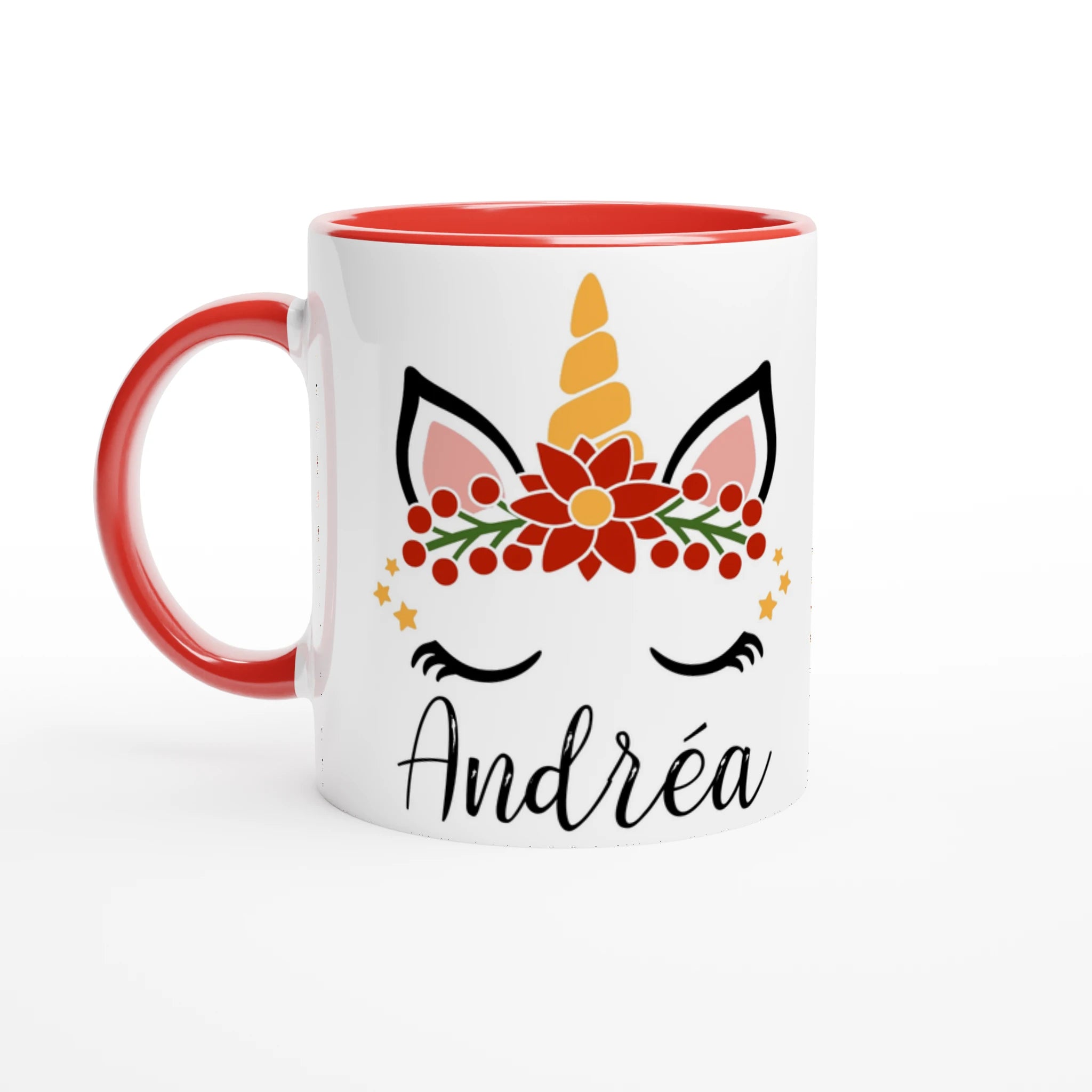 Tasse blanche avec motif licorne et couronne de fleurs, intérieur et anse rouges