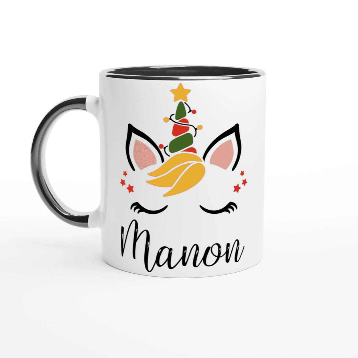 Mug blanc avec motif licorne de Noël, corne en forme de sapin, anse noire et intérieur noir
