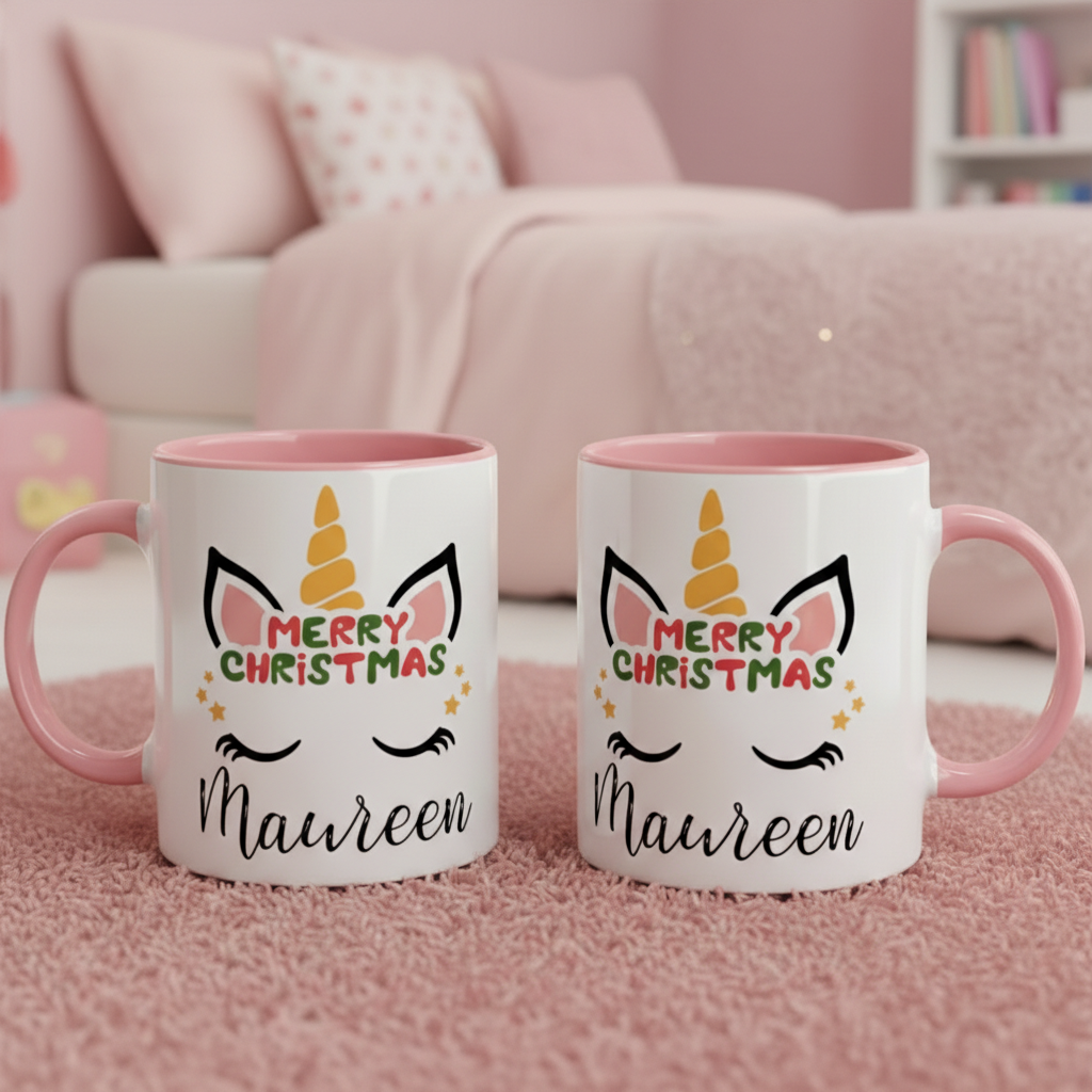 mug licorne de Noël avec anse rose dans univers enfant