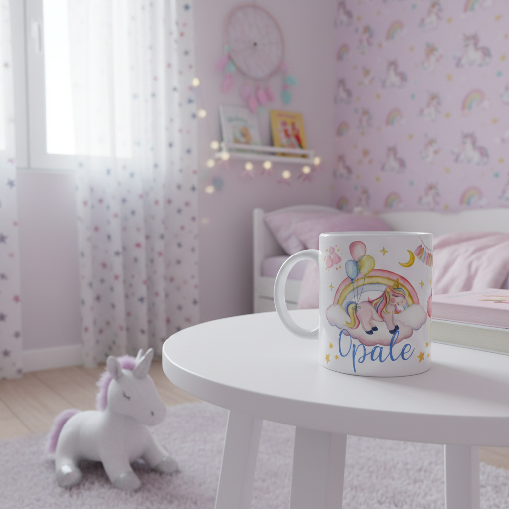 Tasse personnalisée licorne posée sur table en bois dans un univers magique