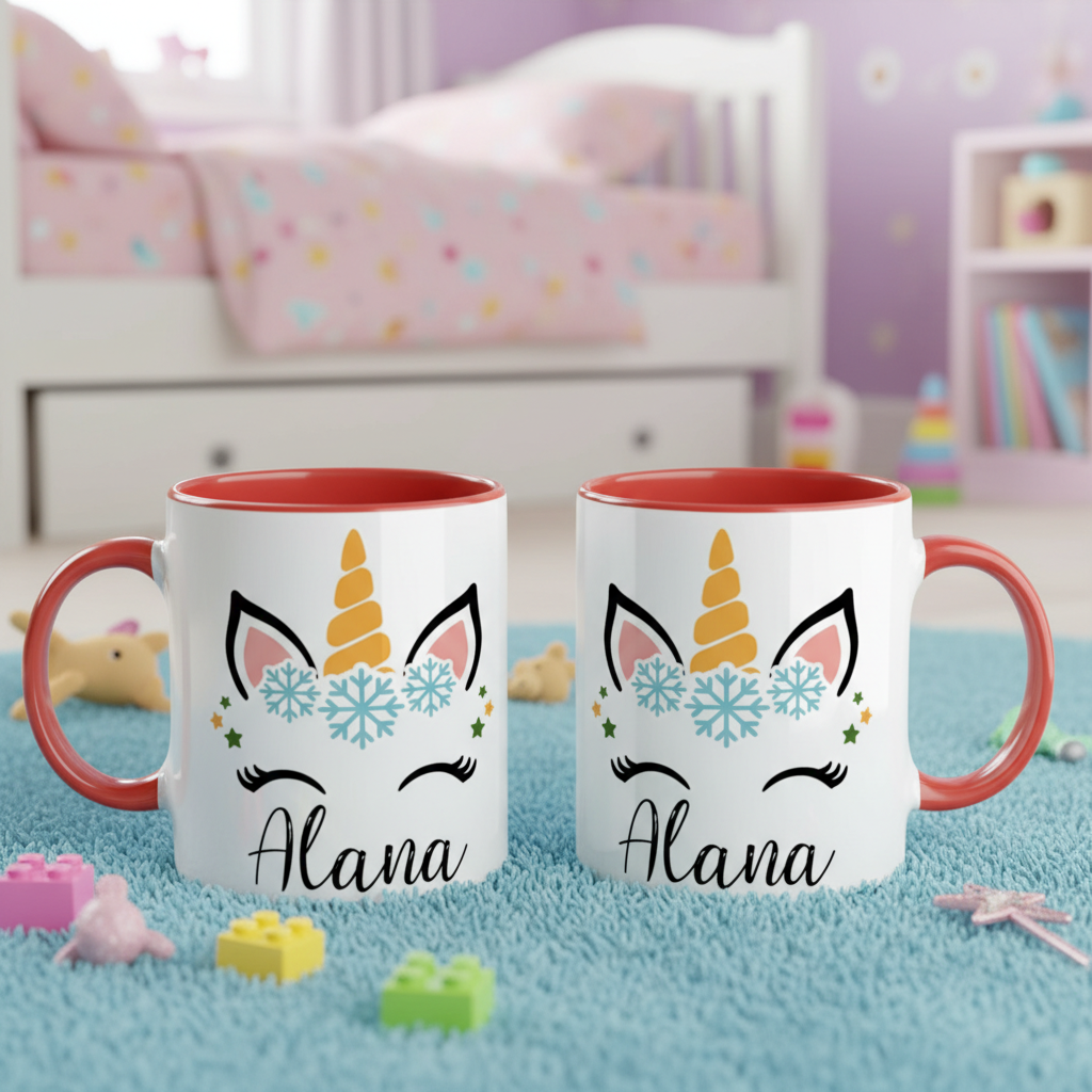 Tasse licorne personnalisée posée dans une chambre enfant décorée