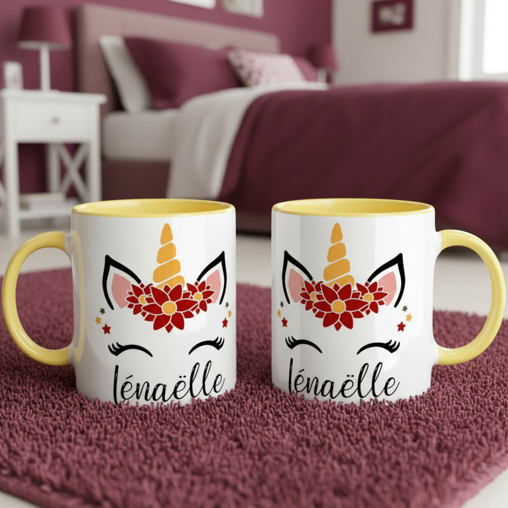 Tasse licorne personnalisée pour enfant avec intérieur jaune