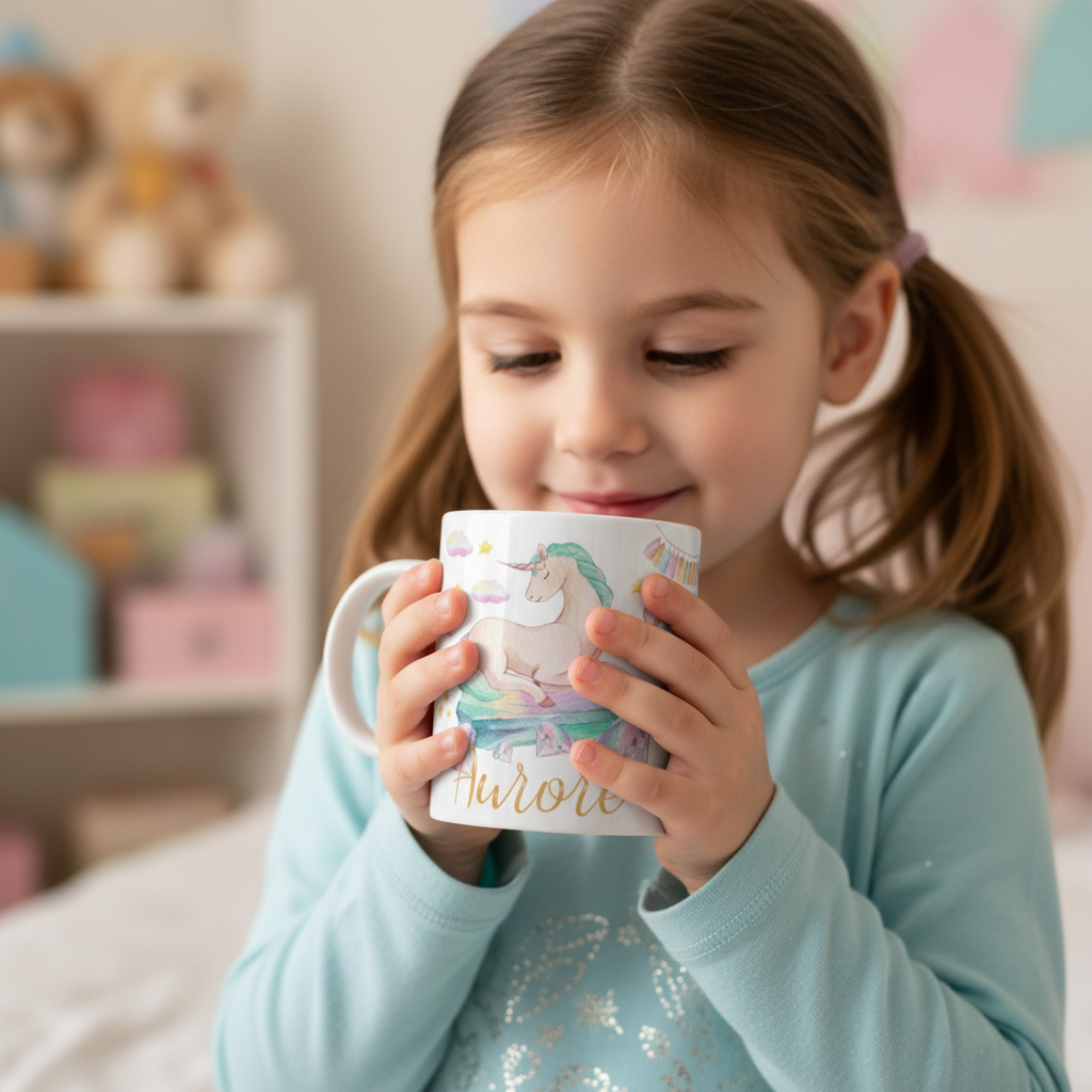 Enfant tenant une tasse licorne personnalisée avec prénom et illustration pastel