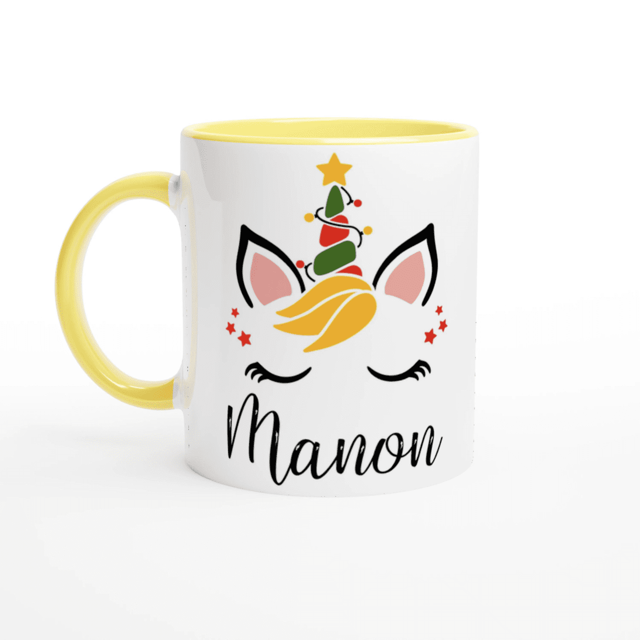 Mug blanc motif licorne festive avec corne sapin, anse jaune et intérieur jaune lumineux