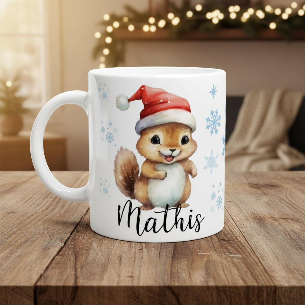 Tasse de Noël personnalisée avec illustration d’écureuil portant un bonnet de Noël, posé dans un décor hivernal enneigé