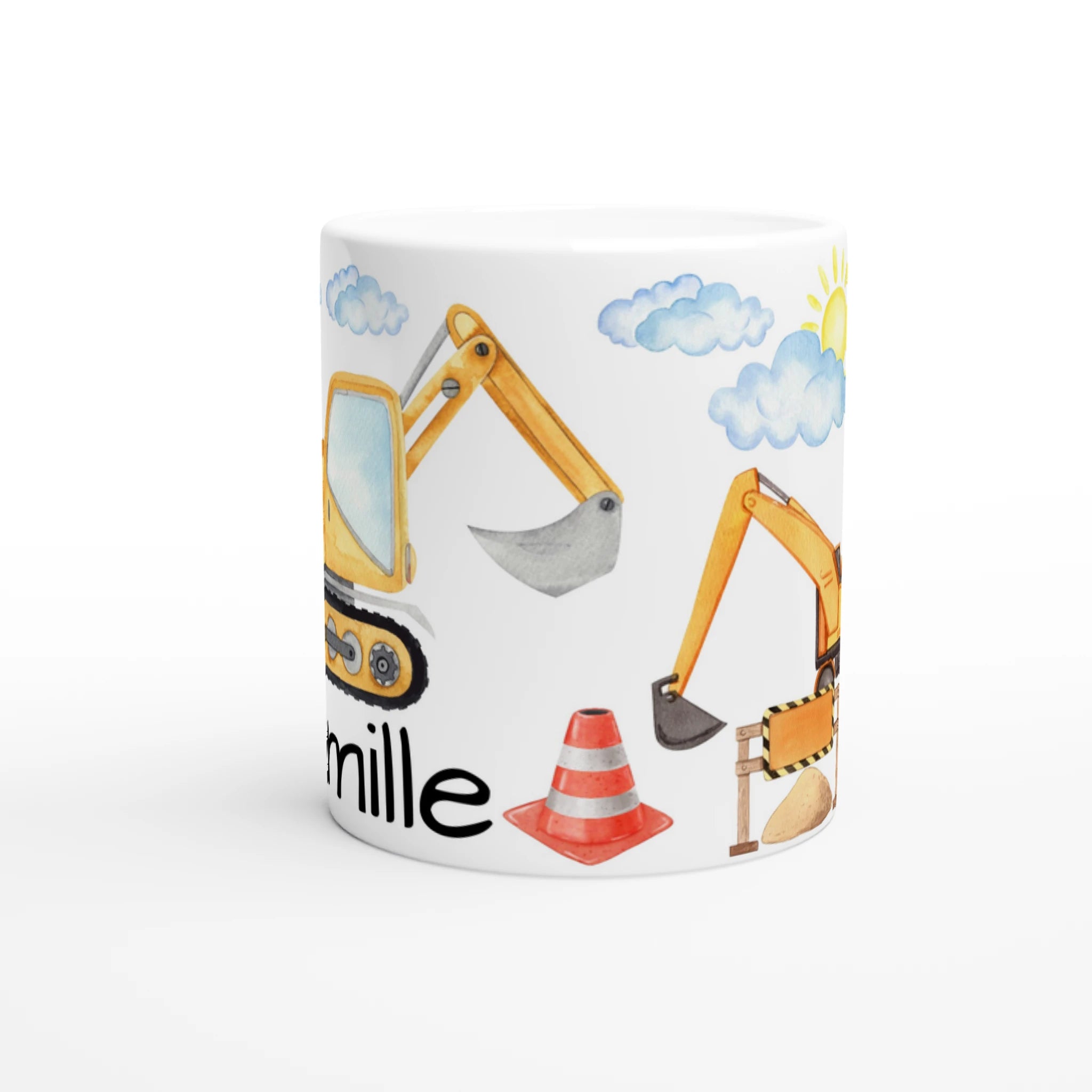 Mug personnalisé tout blanc avec illustration d’engins de chantier et panneaux de signalisation, parfait pour un cadeau ludique et original.