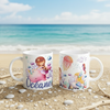 Mug personnalisable enfant avec illustrations de sirènes, créatures marines et prénom personnalisé