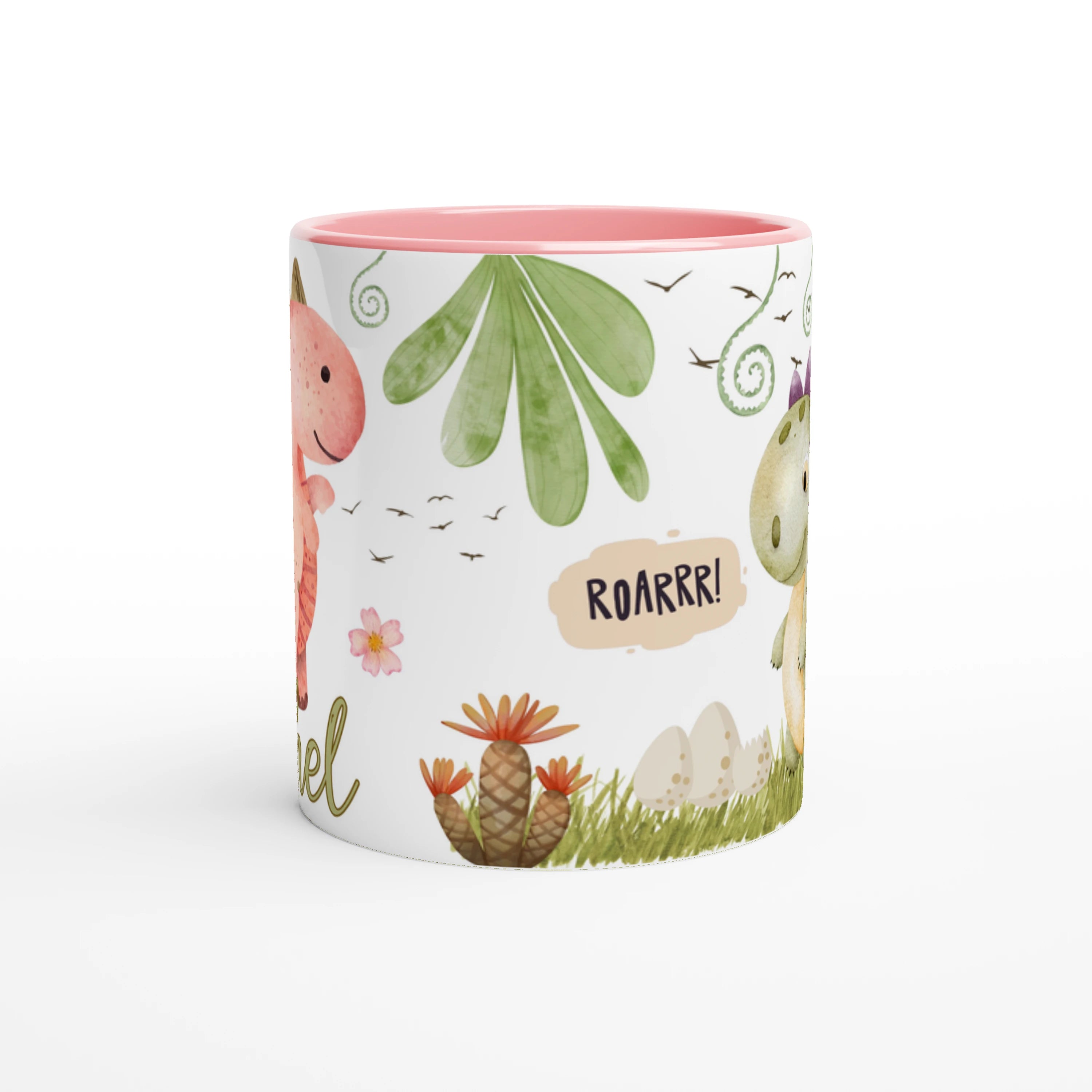 "Mug avec prénom et motif dinosaure mignon, intérieur rose, cadeau adorable pour enfant."