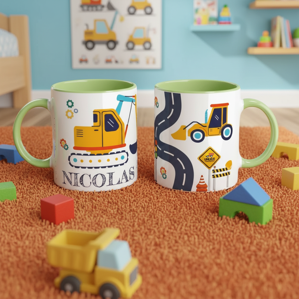 Tasse personnalisée enfant motif chantier avec poignée verte
