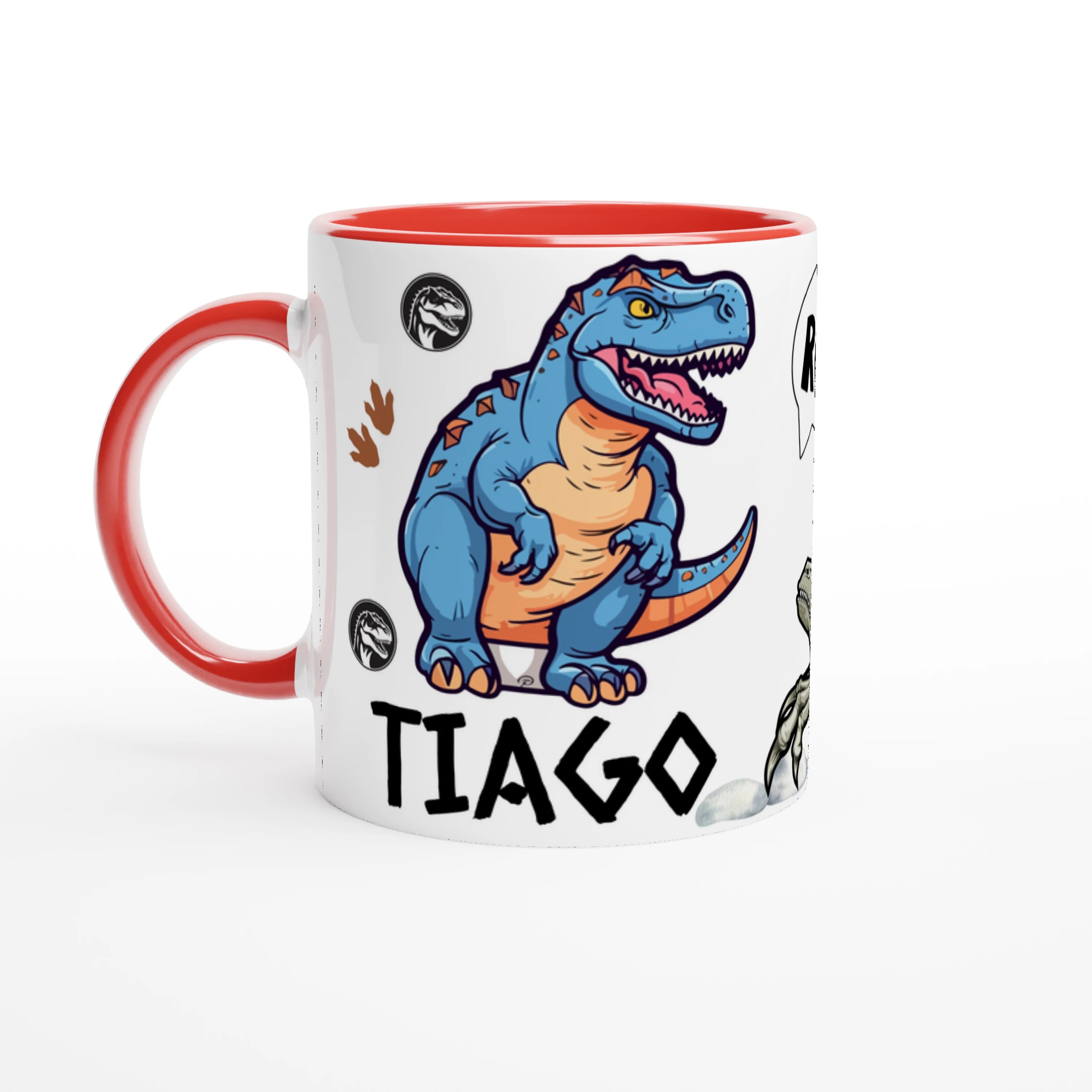 Tasse personnalisée dinosaure avec prénom, intérieur rouge, motif T-Rex amusant pour enfant.
