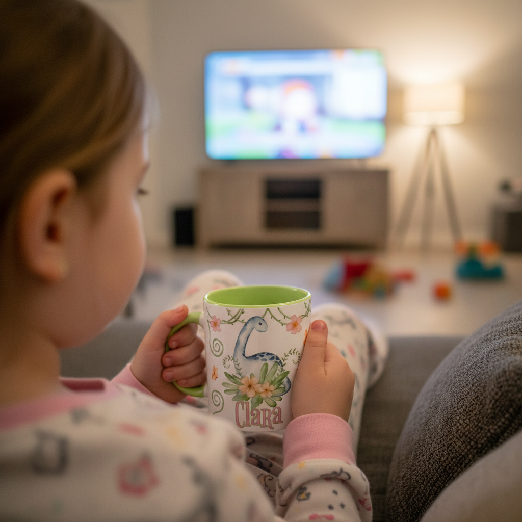 Tasse personnalisée pour enfant avec motif dinosaure, mug en céramique tenu par un enfant lors d’un moment détente, cadeau original et pratique