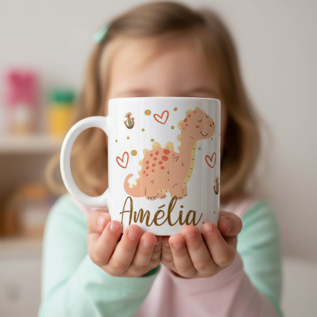 Mug personnalisé enfant dinosaure en céramique, tasse enfant personnalisée tenue par un enfant