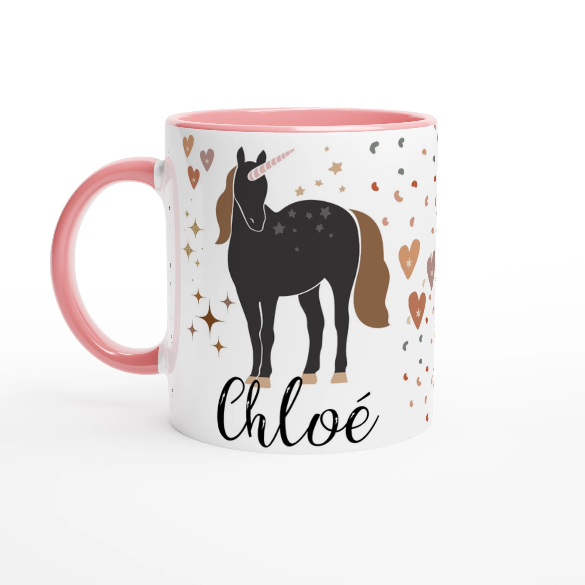 Tasse personnalisée avec licorne rose et détails dorés, intérieur rose, idéale pour un cadeau tendre et magique.