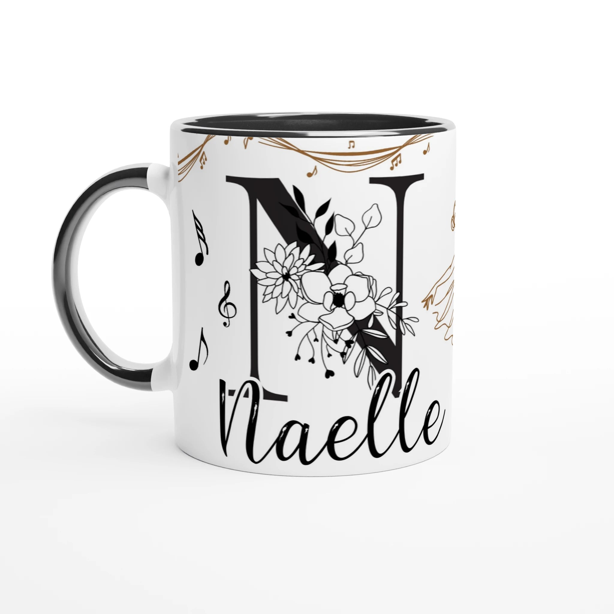 Mug prénom personnalisable avec silhouette de danseuse classique et motifs musicaux, intérieur noir, idéal pour un cadeau élégant et original.