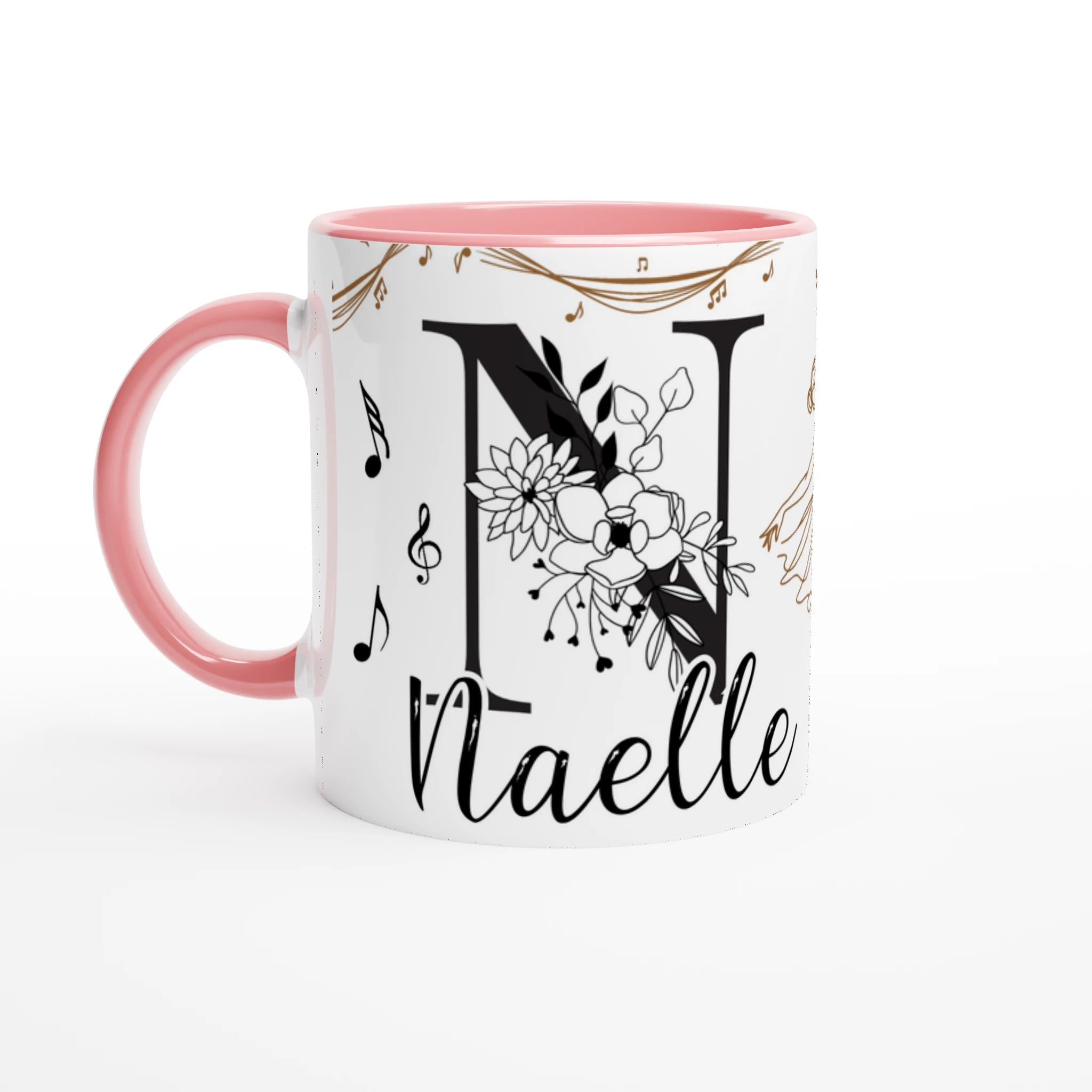 Tasse personnalisée avec prénom, design de danseuse classique et notes de musique, intérieur rose, cadeau idéal pour les petites et grandes passionnées.