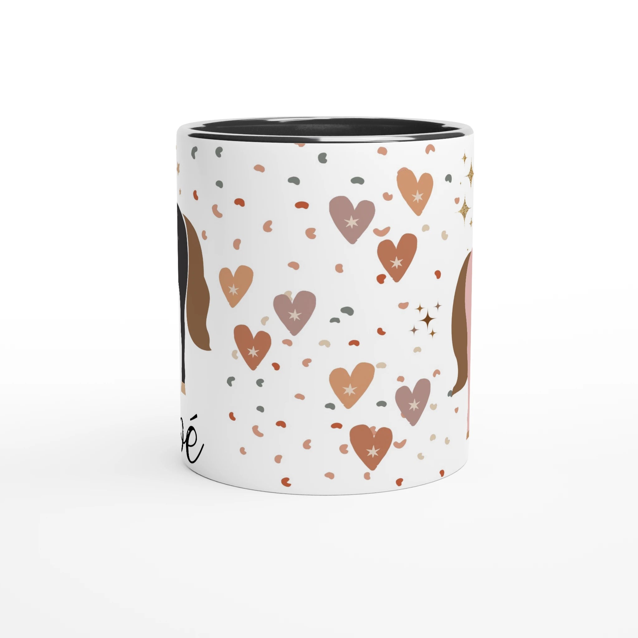 Mug personnalisé avec licorne étoilée et cœur doré, intérieur noir, pour une touche chic et mystique