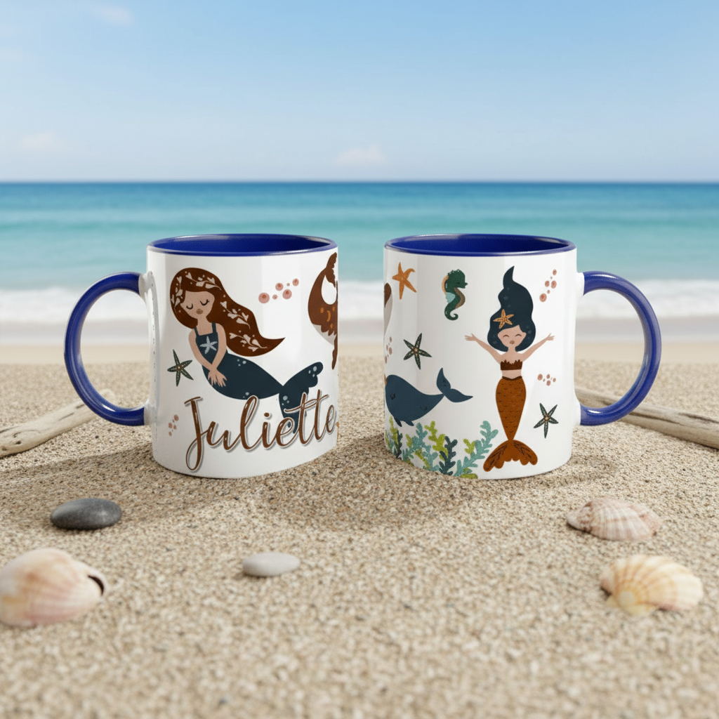 Tasse personnalisée enfant avec illustration sirène et éléments marins