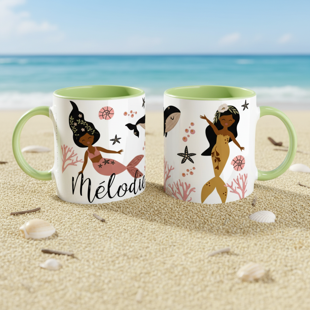 Mug personnalisé motif sirène posé sur le sable avec décor de plage