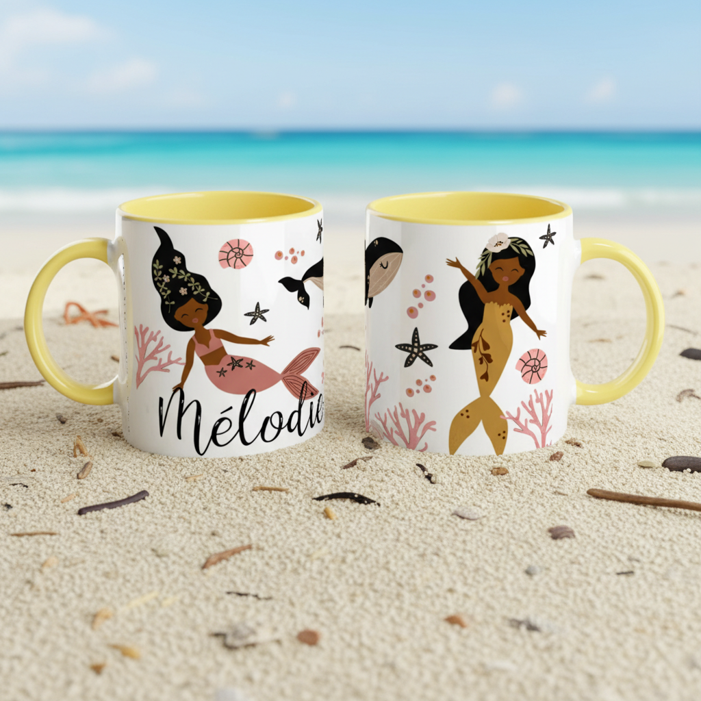 Tasse personnalisée sirène avec poignée colorée et illustration marine