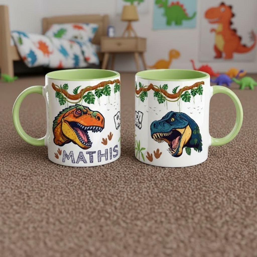 Mug enfant thème dinosaures avec illustration expressive, tasse personnalisable pour anniversaire ou cadeau enfant