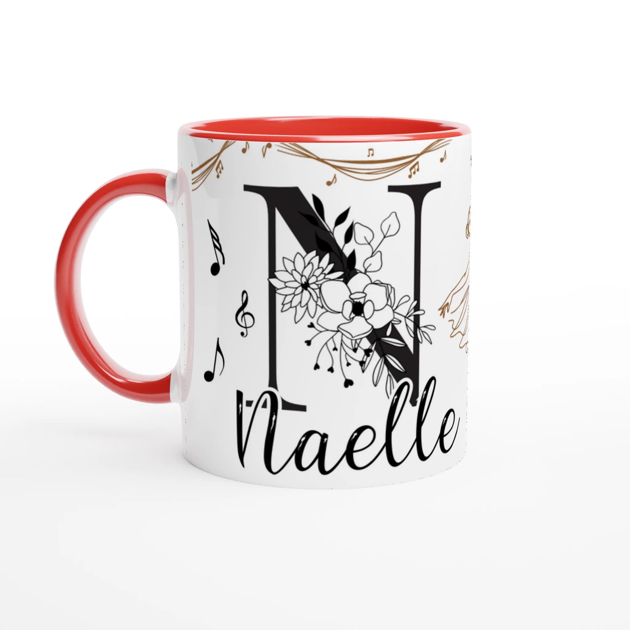Mug personnalisé avec prénom, danseuse classique et notes de musique, intérieur rouge, parfait pour un cadeau unique pour une passionnée de ballet.