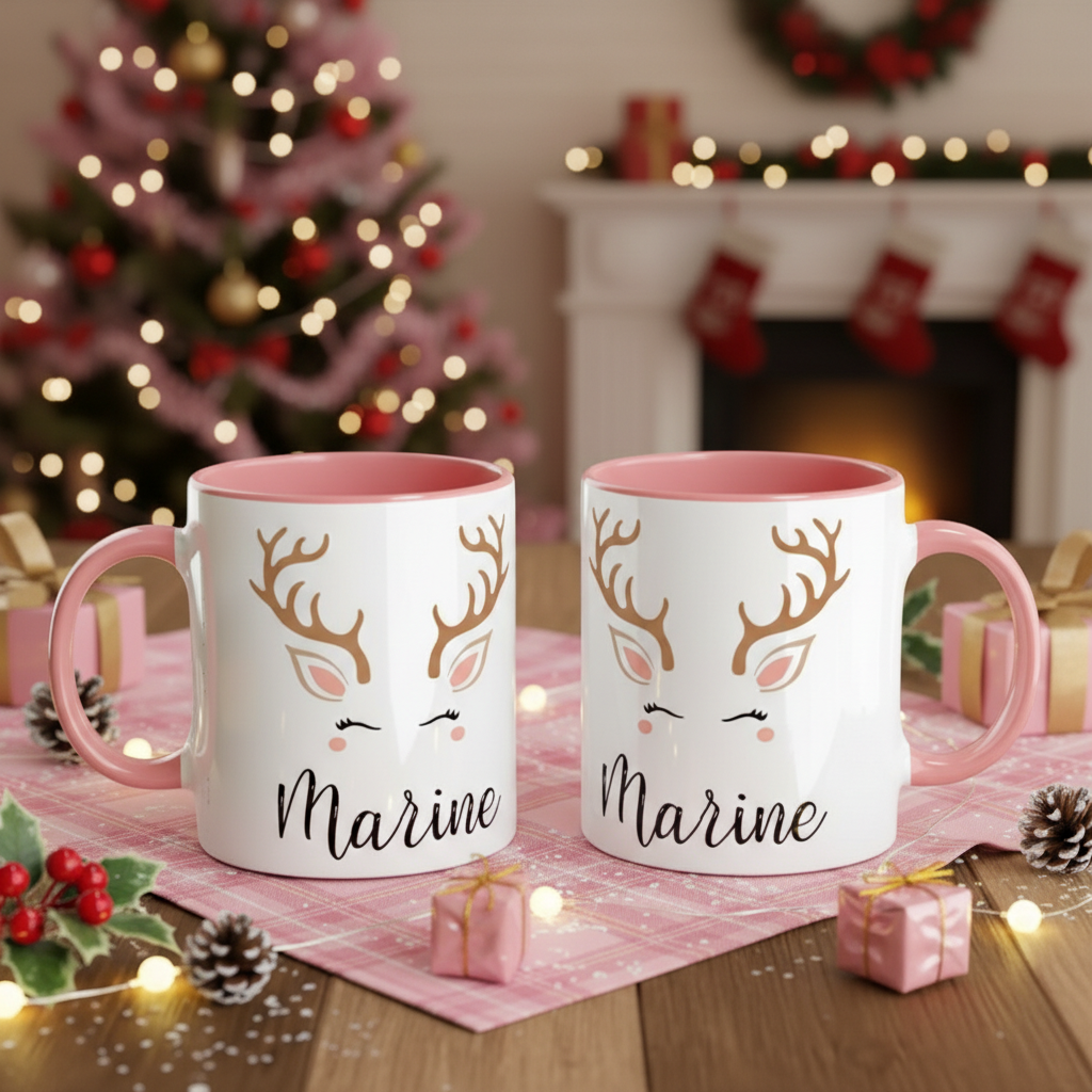 mug de Noël avec motif renne dans une ambiance festive dorée