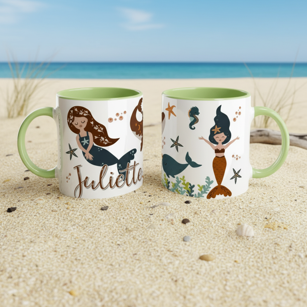 Tasse enfant thème sirène avec décor plage et coquillages