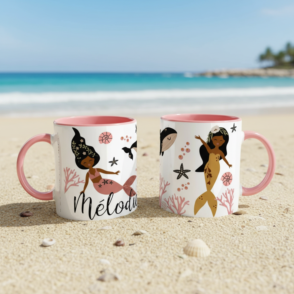 Tasse personnalisée motif sirène dans une ambiance océan