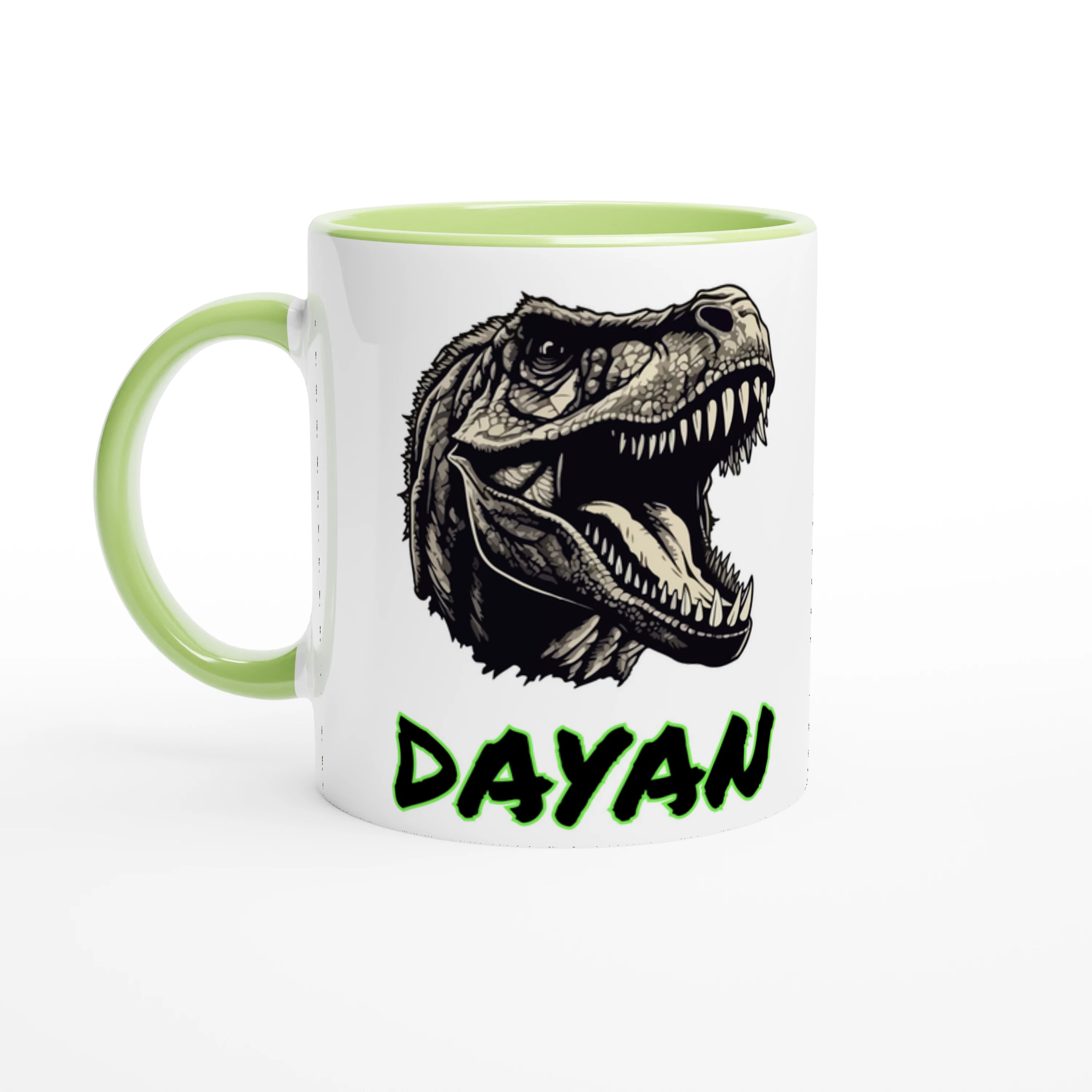 Tasse T-Rex personnalisé avec prénom, intérieur vert, un cadeau original pour enfant passionné par les dinosaures.