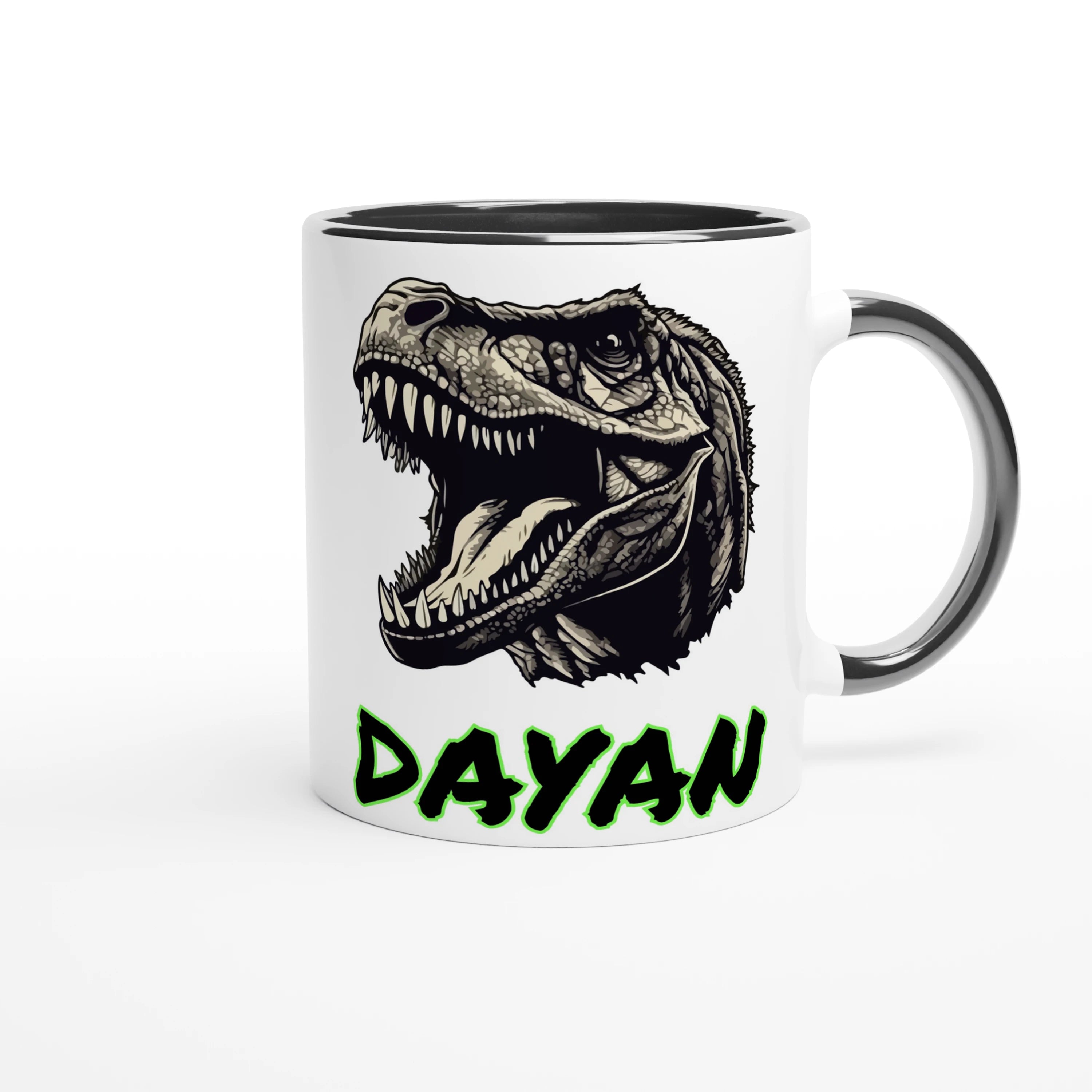 Tasse dinosaure T-Rex personnalisé, intérieur et anse noir, parfait pour un cadeau original pour les amateurs de dinosaures.