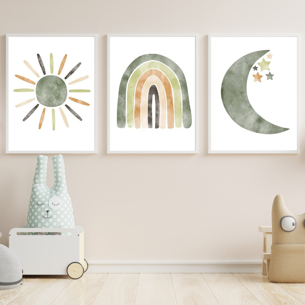 Ensemble de trois affiches vert suage aquarelle soleil arc-en-ciel et lune pour chambre enfant
